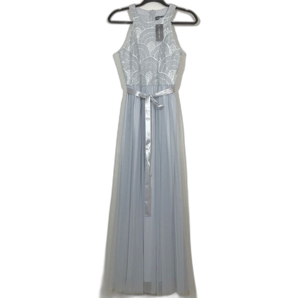 NWT Cadalite petite grey silver thread sequin Japanese water pattern dress Sz PS